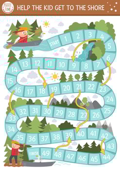 Summer camp dice board game for children with cute rafting kid. Active holidays boardgame with boy on the boat swimming to the shore. Family trip activity. Nature outdoor printable worksheet vector