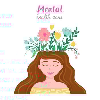 Vector illustration mental health care. Woman with flowers from head