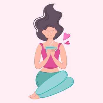 Vector illustration girl self love with cup of tea