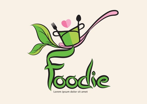 foodies typography logo and spoon organic concept vector design, green leaf, icon, symbol