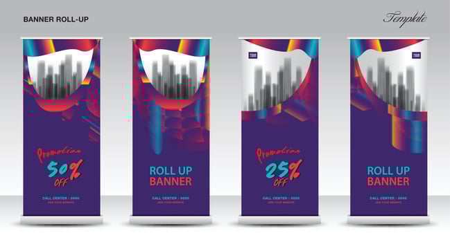 Purple Roll up banner vector template, Modern Exhibition Advertising Trend Business Roll Up Banner, Stand, Poster, Brochure flat design, Presentation, display, x-banner, flag-banner. Stock vector.
