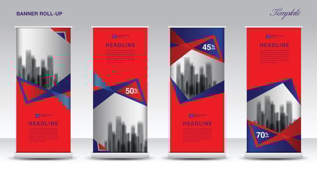 Purple Roll up banner vector template, Modern Exhibition Advertising Trend Business Roll Up Banner, Stand, Poster, Brochure flat design, Presentation, display, x-banner, flag-banner. Stock vector.