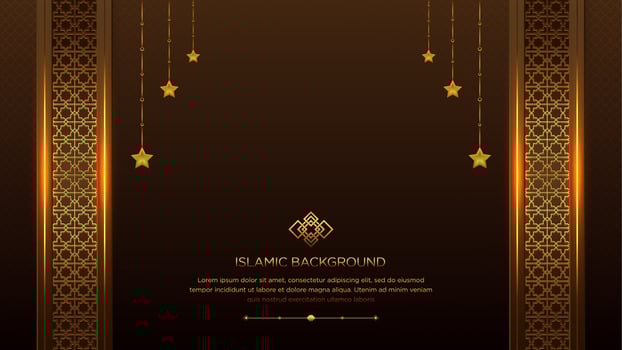 Dark and Golden Luxury Islamic Ornamental Background Islamic Border and Decorative Hanging Stars Ornament with Arabic Pattern and Decorative Ornament vector