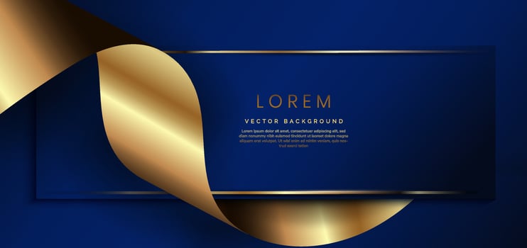 Abstract 3d dark blue background with ribbon gold lines curved wavy sparkle with copy space for text. Luxury rectangle frame template design. vector