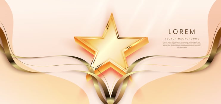 3d golden star with golden ribbon curved on soft rose gold background. Template luxury premium award design. vector