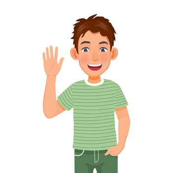 Handsome happy young man with hand in the pocket, smiling, waving hand cheerfully saying hi, hello nice to meet you, welcoming people with informal greeting gesture vector