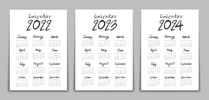 Calendar 2022, 2023, 2024 year, Lettering calendar, hand drawn Lettering calendar vector illustration, Desk calendar deign, wall calendar template, Simple, Set of 12 Months, Week starts Sunday, vector