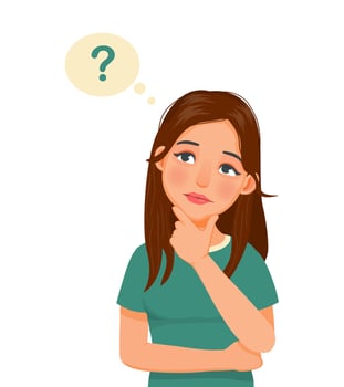 beautiful young woman thinking looking up while touching her chin to find solution of problems vector