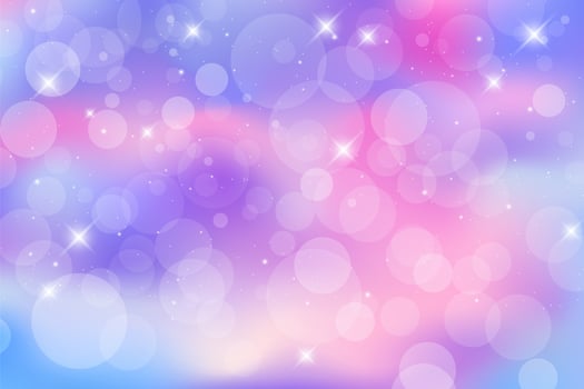 Rainbow fantasy background. Bright multicolored sky with stars and bokeh. Holographic illustration in pastel violet and pink colors. Cute cartoon girly wallpaper. Vector. vector