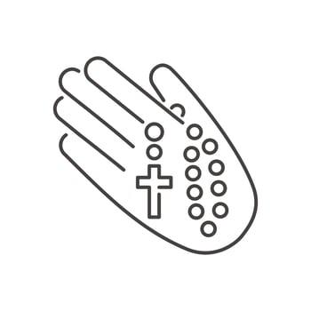 Rosary beads silhouette in hand. Prayer jewelry for meditation. Catholic chaplet with a cross. Religion symbol. Vector isolated illustration