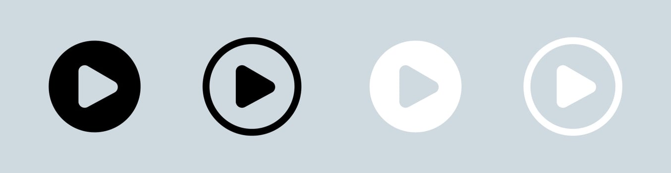 Play button icon vector set in black and white colors.