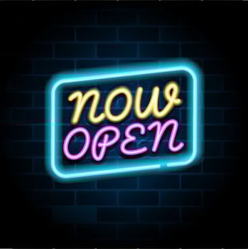 Now open neon sign fluorescent on the wall vector