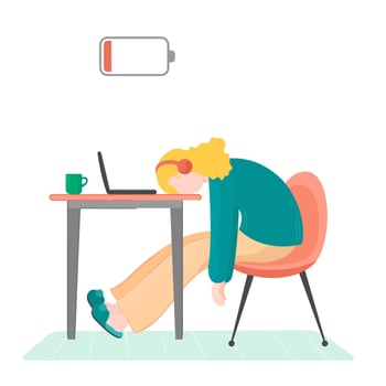 Vector illustration woman get burnout at the desk with laptop, cat and cup of tea