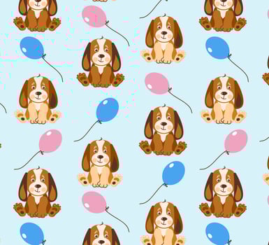 Seamless cute puppy dog pattern. Cartoon funny and happy dog character. Cartoon vector illustration