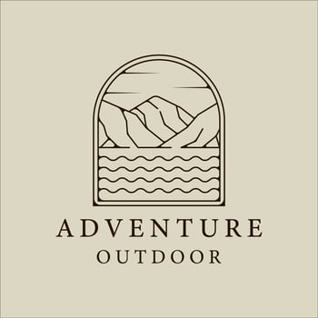 mountain and lake logo line art simple minimalist vector illustration template icon graphic design. adventure and outdoors sign or symbol for travel company with badge and typography
