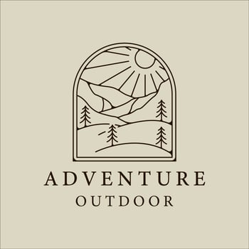 mountain and pines logo line art simple minimalist vector illustration template icon graphic design. adventure and outdoors sign or symbol for travel company with badge
