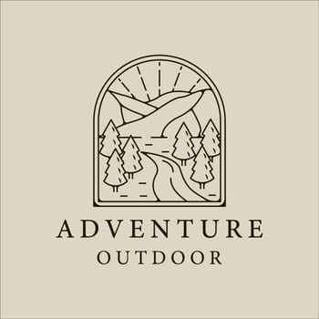 mountain and pines logo line art simple minimalist vector illustration template icon graphic design. adventure and outdoors sign or symbol for travel company with badge