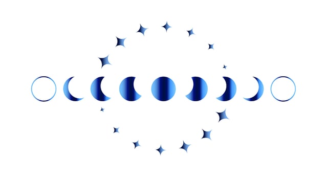 Moon Phases blue border frame, wicca banner sign. Triple moon pagan Wiccan goddess symbol, Sacred geometry, wheel of the year and golden stars, vector isolated on white background