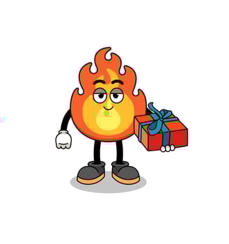 fire mascot illustration giving a gift vector
