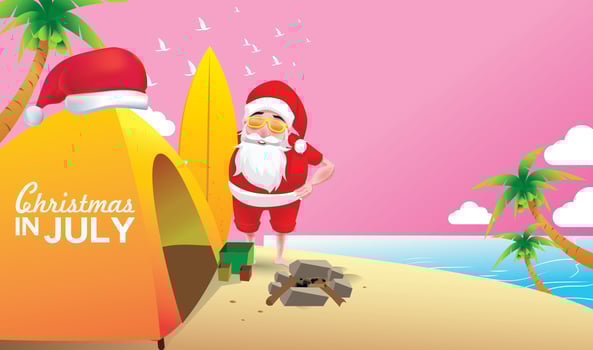 Christmas in June, July, August, for poster, marketing, advertising, summer sale, greeting card. santa in summer with copy space for text vector