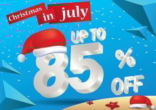 Christmas Biggest Sale in July, poster, or banner template, with santa hat and 3d 85 percent discount offers. vector