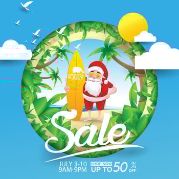 Christmas in June, July, August, for poster, marketing, advertising, summer sale, greeting card. santa in summer with copy space discount offers. vector