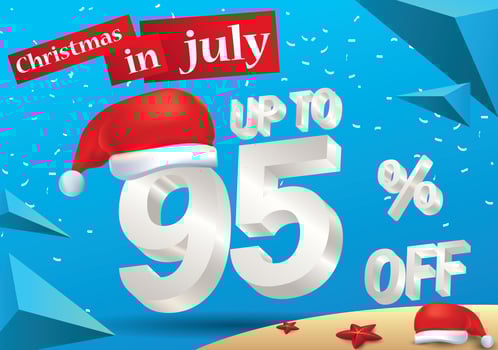 Christmas Biggest Sale in July, poster, or banner template, with santa hat and 3d 95 percent discount offers. vector