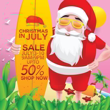 Christmas in June, July, August, for poster, marketing, advertising, summer sale, greeting card. santa in summer with copy space discount offers. vector