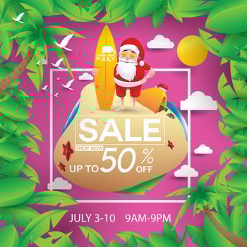 Christmas in June, July, August, for poster, marketing, advertising, summer sale, greeting card. santa in summer with copy space discount offers. vector