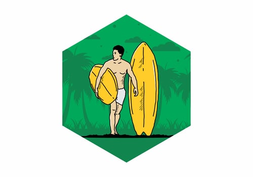 The shirtless man holding surfboard illustration vector