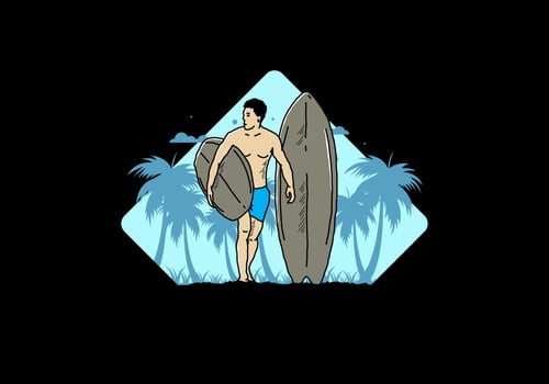 The shirtless man holding surfboard illustration vector