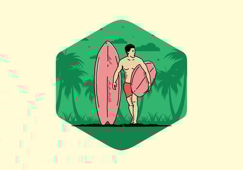 The shirtless man holding surfboard illustration vector