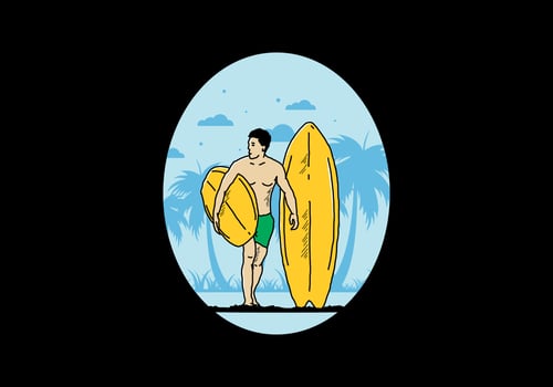 The shirtless man holding surfboard illustration vector