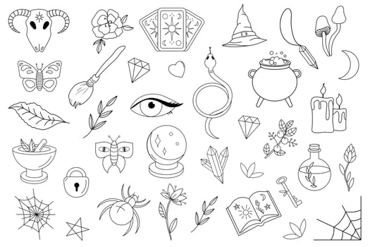 Black and white icon set with magic items. Magic items collection. Witchcraft signs and objects set for ritual. Wiccan symbols. vector
