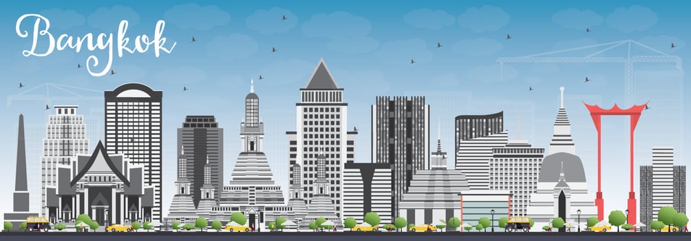 Bangkok Skyline with Gray Landmarks and Blue Sky. vector