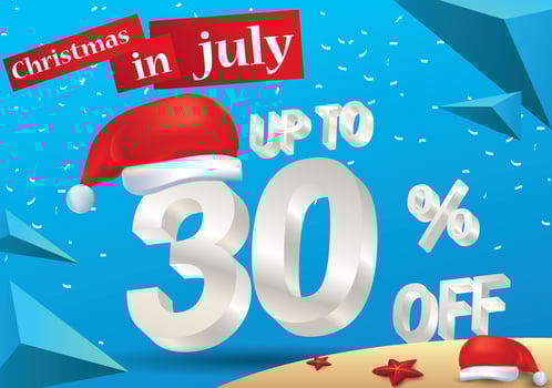 Christmas Biggest Sale in July, poster, or banner template, with santa hat and 3d 30 percent discount offers. vector