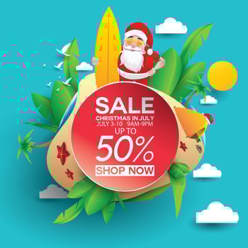 Christmas in June, July, August, for poster, marketing, advertising, summer sale, greeting card. santa in summer with copy space discount offers. vector