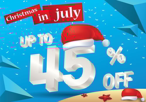 Christmas Biggest Sale in July, poster, or banner template, with santa hat and 3d 45 percent discount offers. vector