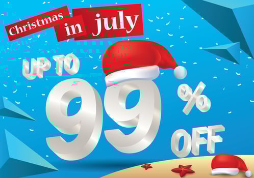 Christmas Biggest Sale in July, poster, or banner template, with santa hat and 3d 99 percent discount offers. vector
