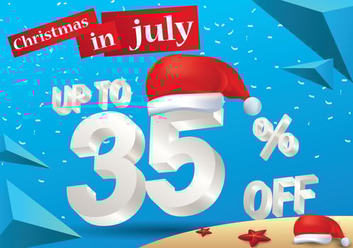 Christmas Biggest Sale in July, poster, or banner template, with santa hat and 3d 35 percent discount offers. vector