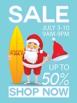 Christmas in June, July, August, for poster, marketing, advertising, summer sale, greeting card. santa in summer with copy space discount offers. vector