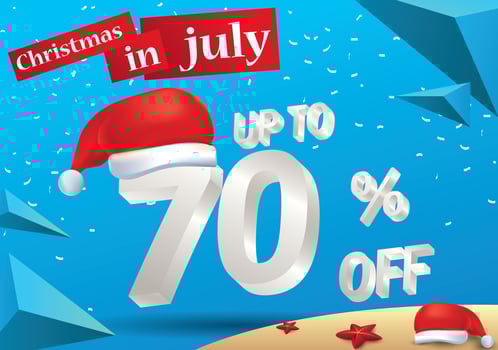 Christmas Biggest Sale in July, poster, or banner template, with santa hat and 3d 70 percent discount offers. vector