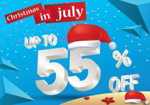 Christmas Biggest Sale in July, poster, or banner template, with santa hat and 3d 55 percent discount offers. vector