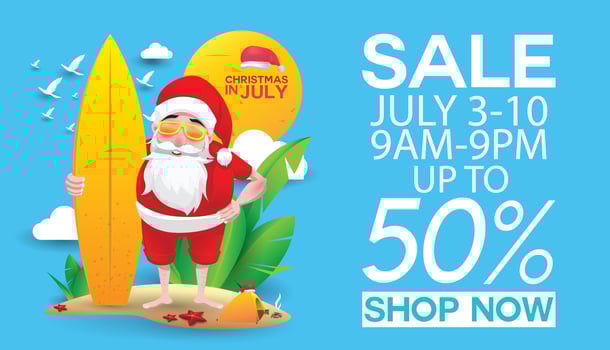 Christmas in June, July, August, for poster, marketing, advertising, summer sale, greeting card. santa in summer with copy space discount offers. vector