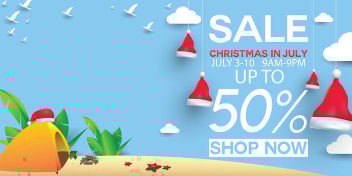 Christmas in June, July, August, for poster, marketing, advertising, summer sale, greeting card. santa in summer with copy space discount offers. vector