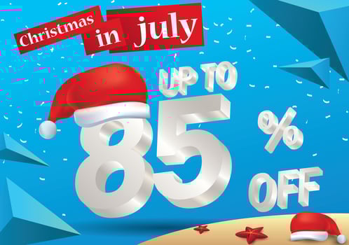 Christmas Biggest Sale in July, poster, or banner template, with santa hat and 3d 85 percent discount offers. vector