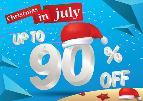 Christmas Biggest Sale in July, poster, or banner template, with santa hat and 3d 90 percent discount offers. vector
