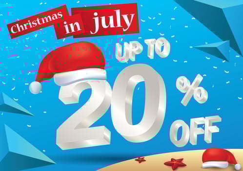 Christmas Biggest Sale in July, poster, or banner template, with santa hat and 3d 20 percent discount offers. vector