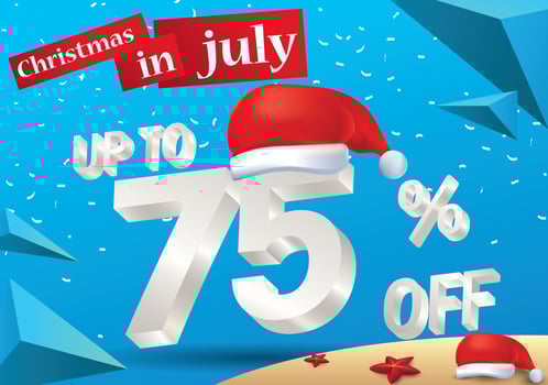 Christmas Biggest Sale in July, poster, or banner template, with santa hat and 3d 75 percent discount offers. vector