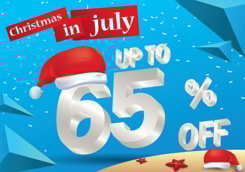 Christmas Biggest Sale in July, poster, or banner template, with santa hat and 3d 65 percent discount offers. vector